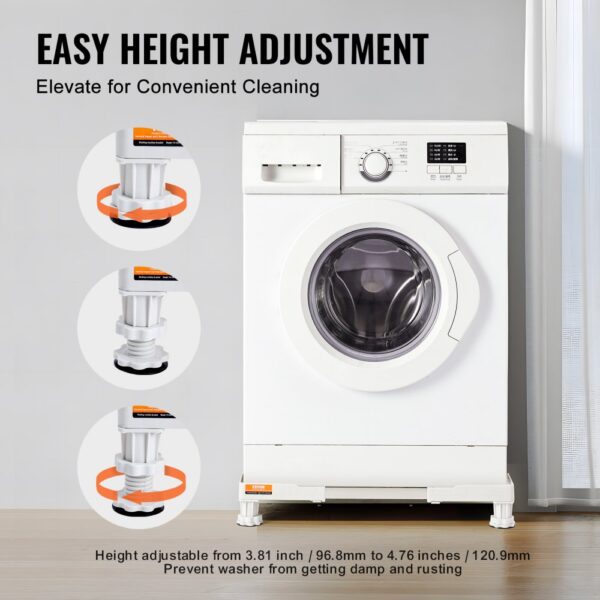 washing machine on VEVOR mini fridge stand with easy height adjustment for convenient cleaning.