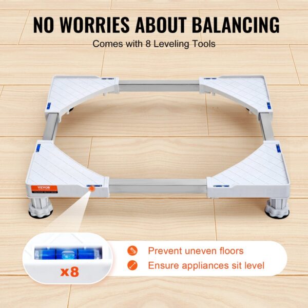 VEVOR mini fridge stand on wooden floor with 8 leveling tools for stable appliance placement.