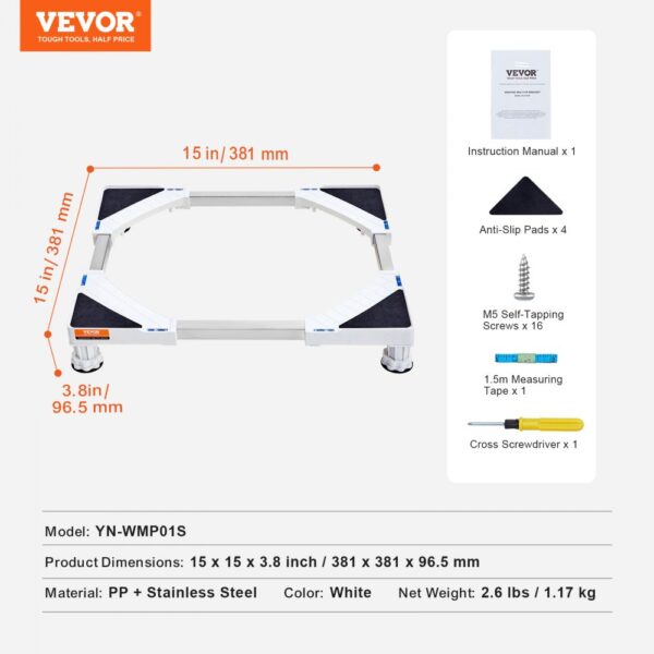 VEVOR mini fridge stand dimensions 15x15x3.8 inch with accessories: anti-slip pads, screws, measuring tape.