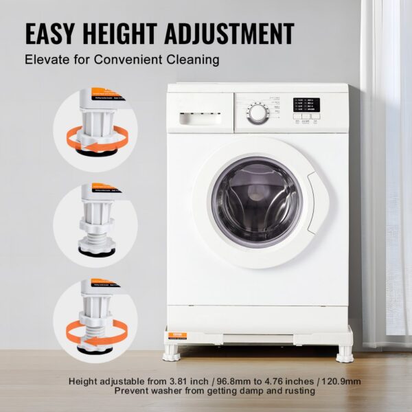 washing machine on VEVOR mini fridge stand with adjustable height for convenient cleaning and rust prevention.