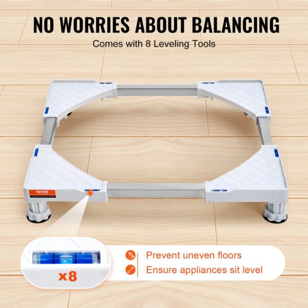 VEVOR mini fridge stand with 8 leveling tools on wooden floor to prevent uneven floors and ensure stability.