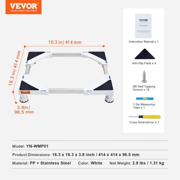 VEVOR mini fridge stand with adjustable size, 16.3 x 16.3 x 3.8 inch, anti-slip pads, and accessories.