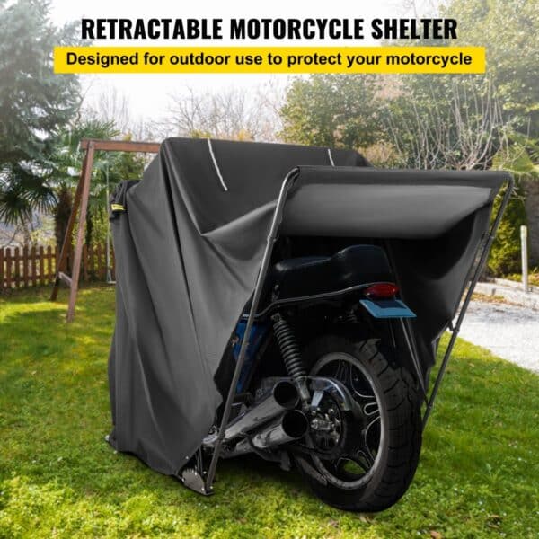 VEVOR motorcycle shelter outdoors protecting a motorcycle with retractable cover.