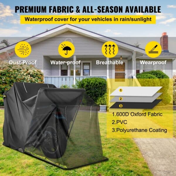 VEVOR motorcycle shelter in front of a house, highlighting dust-proof and waterproof fabric.