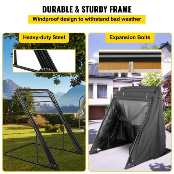 VEVOR motorcycle shelter with sturdy steel frame and expansion bolts for windproof design.