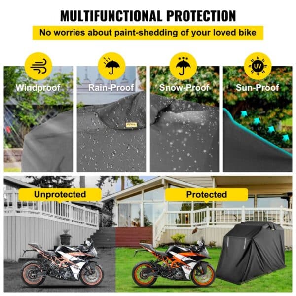 VEVOR motorcycle shelter provides windproof, rainproof, snowproof, and sunproof protection.