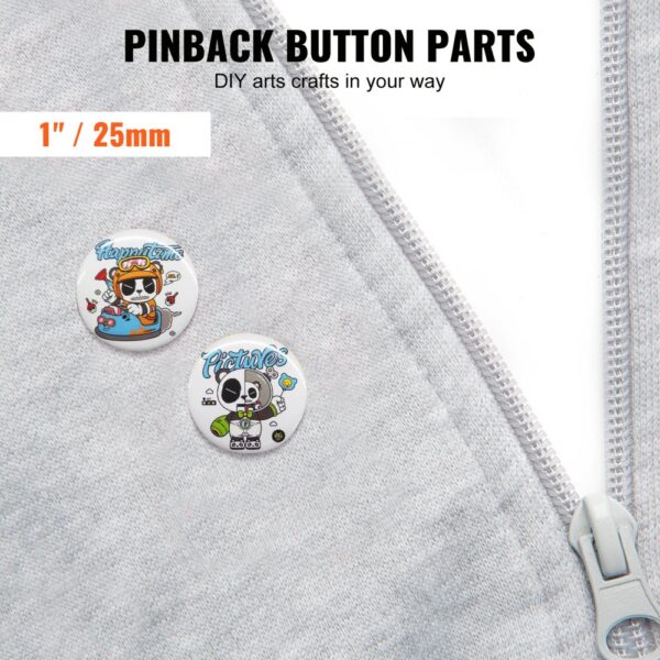 pinback button parts on a gray zip-up hoodie, featuring cartoon designs, 1" / 25mm size.