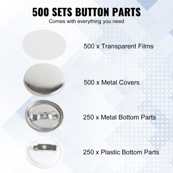 500 sets of VEVOR button badge parts including films, metal covers, metal, and plastic bottom parts.