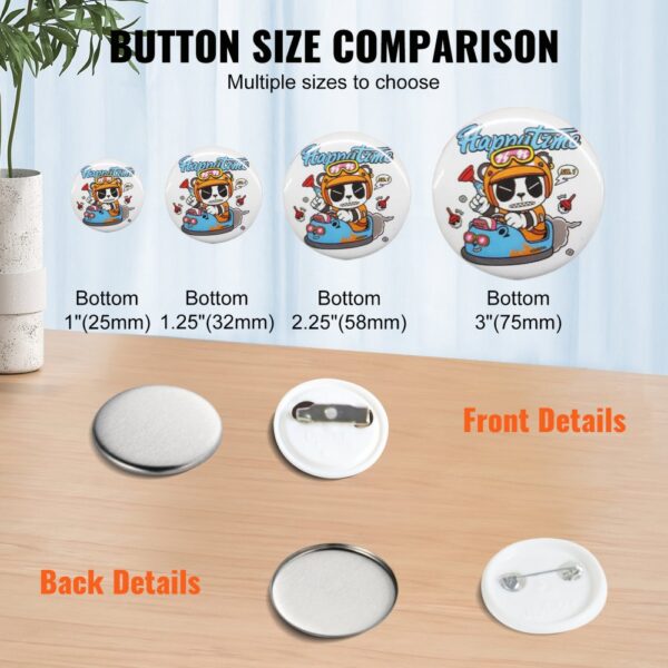 button size comparison for VEVOR button badge parts in 25mm, 32mm, 58mm, and 75mm sizes.