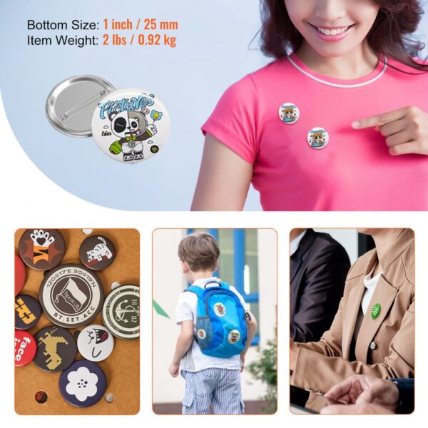 VEVOR button badge parts displayed on clothing and a backpack, various designs with 1-inch diameter.