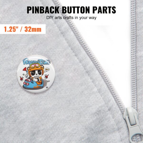 VEVOR button maker parts, 1.25" / 32mm pinback button on grey fabric with zipper.