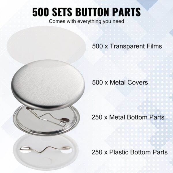 500 sets of VEVOR button maker parts with metal covers, transparent films, and bottom parts.