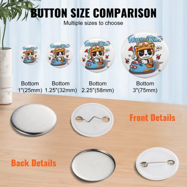 VEVOR button maker parts size comparison: 1" (25mm), 1.25" (32mm), 2.25" (58mm), 3" (75mm). front and back details.