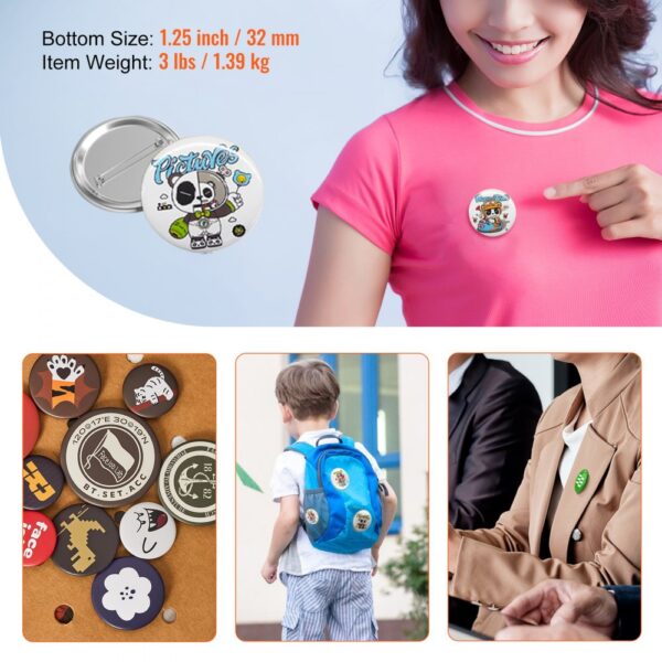 VEVOR button maker parts, 1.25 inch/32 mm buttons, colorful designs on backpack, clothing, and accessories.