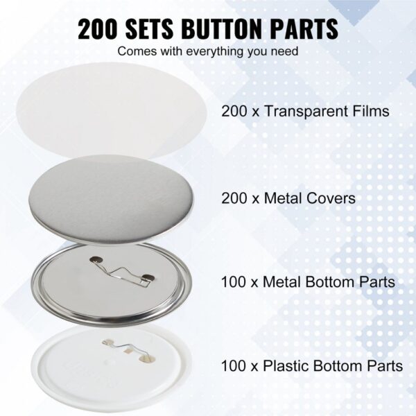 200 sets VEVOR button maker parts including transparent films, metal covers, and bottom parts.