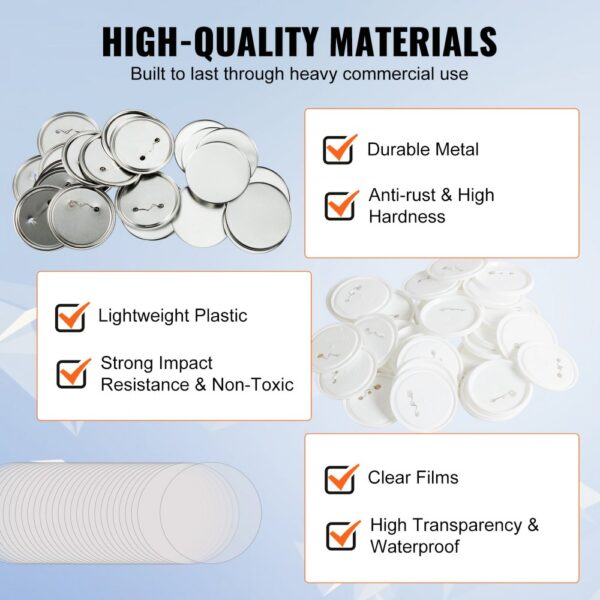 VEVOR button maker parts include durable metal, lightweight plastic, and clear waterproof films.