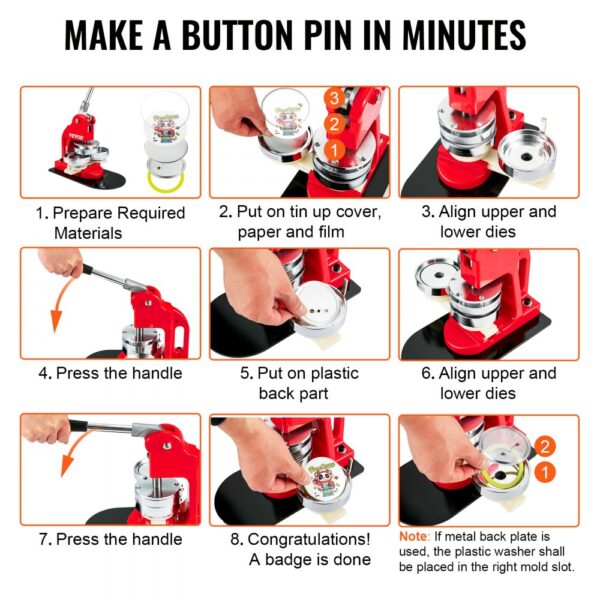 VEVOR button maker parts step-by-step guide to creating button pins: prepare, align, press, and finish.