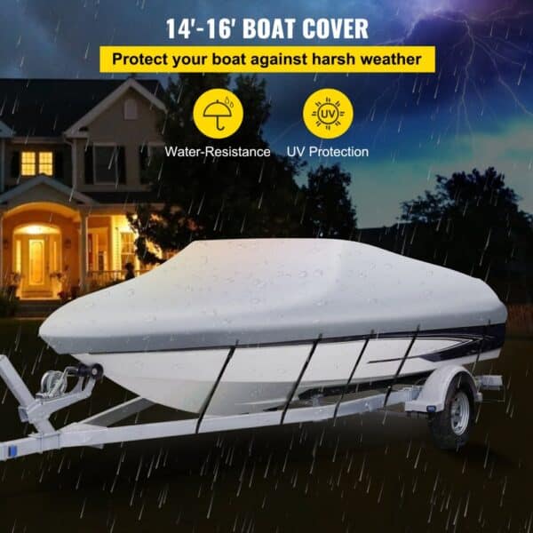 VEVOR waterproof boat cover protecting a boat in the rain with uv protection icons.