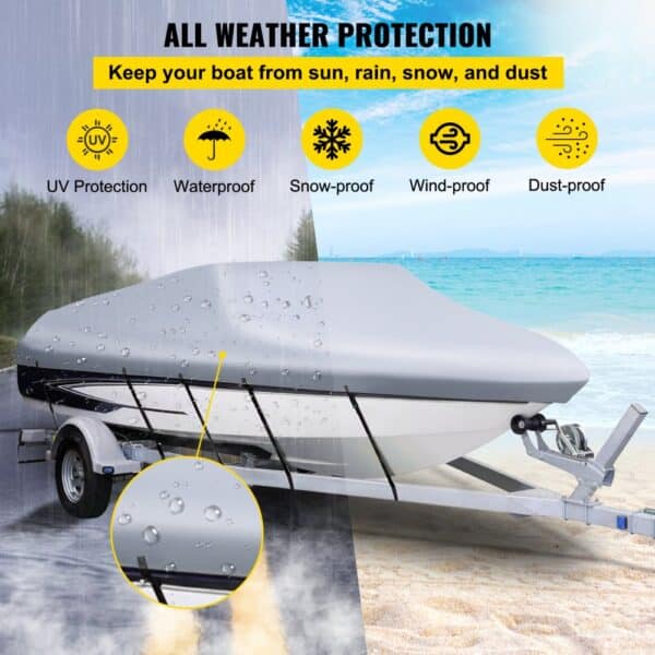 VEVOR waterproof boat cover protecting a boat from uv rays, rain, snow, wind, and dust.