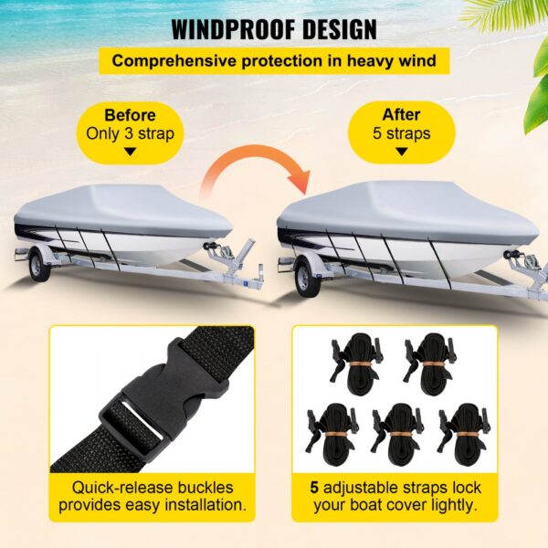 VEVOR waterproof boat cover with windproof design and quick-release buckles.