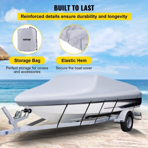 VEVOR waterproof boat cover with storage bag and elastic hem for secure fitting on a beach.