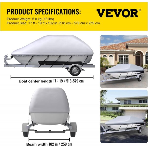 VEVOR waterproof boat cover for 17'-19' boats with 102" beam width in driveway.