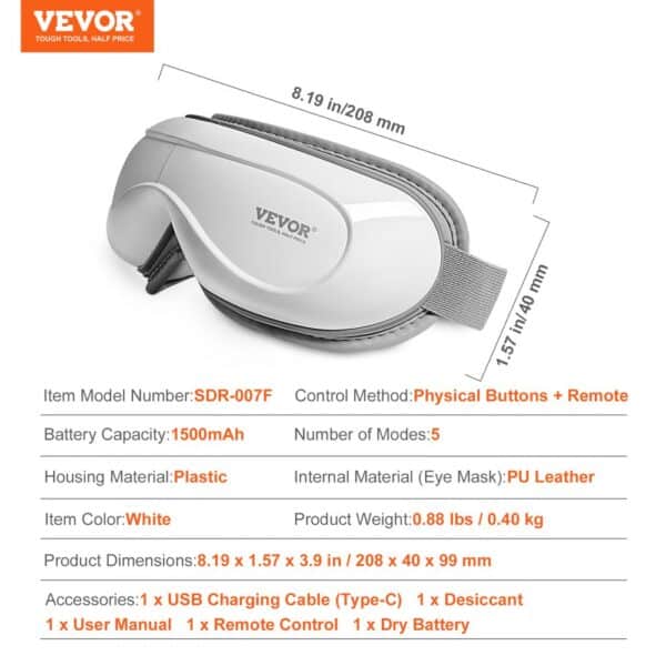 VEVOR Eye Massager with Heat & Remote Eye Care Device 5 Modes Bluetooth Music