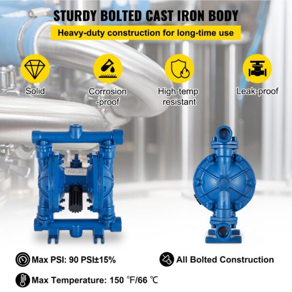 VEVOR air-operated diaphragm pump with cast iron body, corrosion proof, leak-proof design.