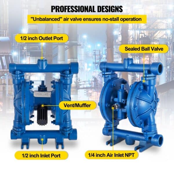 VEVOR air-operated diaphragm pump with ports and components labeled in an industrial setting.