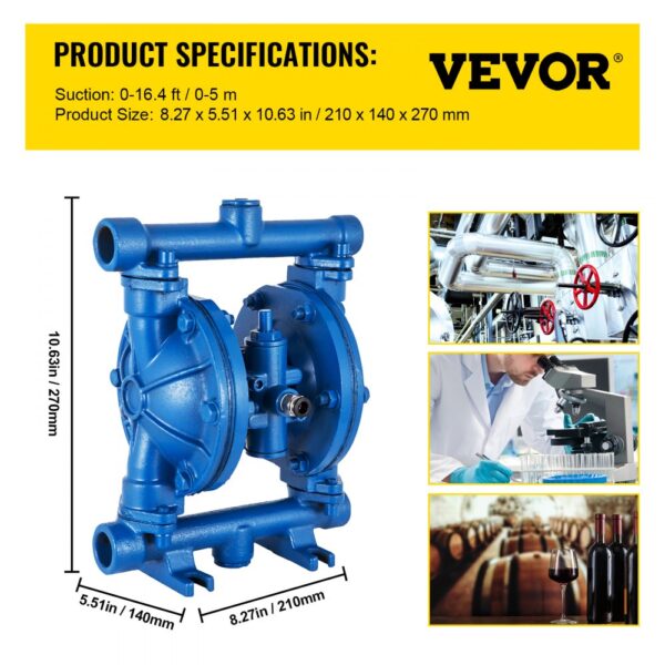 VEVOR air-operated diaphragm pump with specifications and various application uses.