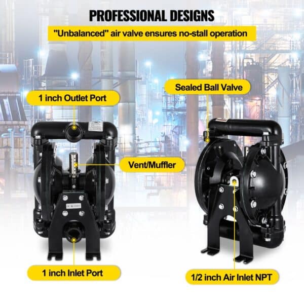 VEVOR air-operated diaphragm pump with 1 inch ports and sealed ball valve in industrial setting