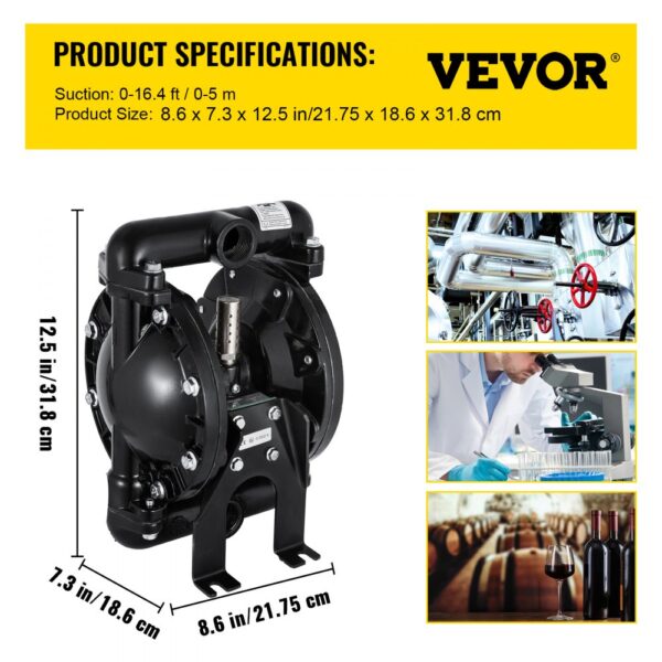 VEVOR air-operated diaphragm pump shown with dimensions and application scenarios.