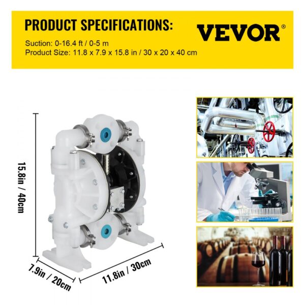 VEVOR air-operated double diaphragm pump with product specifications and usage scenarios.