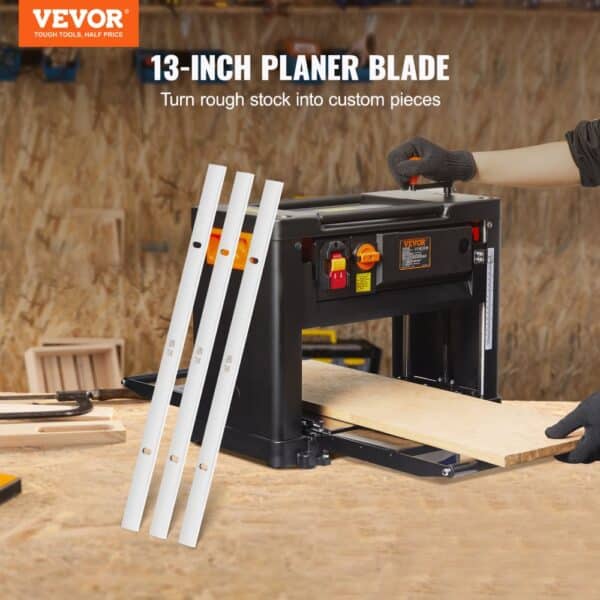 VEVOR planer blades with a wood planer on a workbench, ready for use in a woodshop.