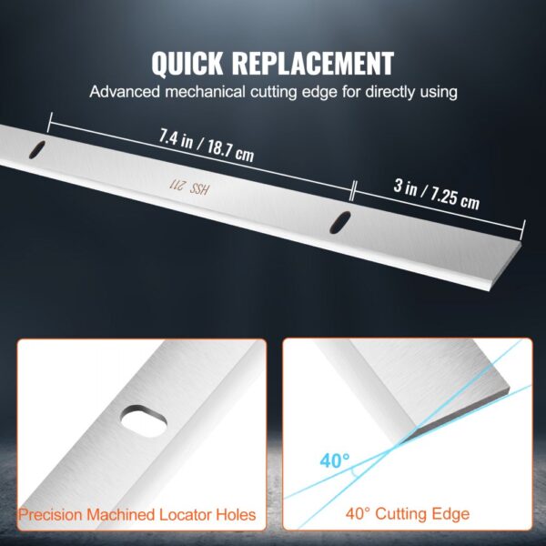 VEVOR planer blades with precision machined locator holes and 40-degree cutting edge for quick replacement.