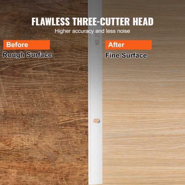 VEVOR flawless three-cutter head transforms rough wood into a fine surface.