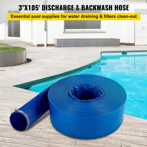 VEVOR discharge hose next to a swimming pool for water draining and cleaning filters.