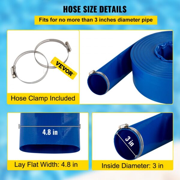 VEVOR discharge hose with clamp, 4.8 in lay flat width, 3 in inside diameter.