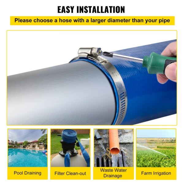 easy installation of VEVOR discharge hose with examples: pool draining, filter clean-out, waste water drainage, and farm irrigation.