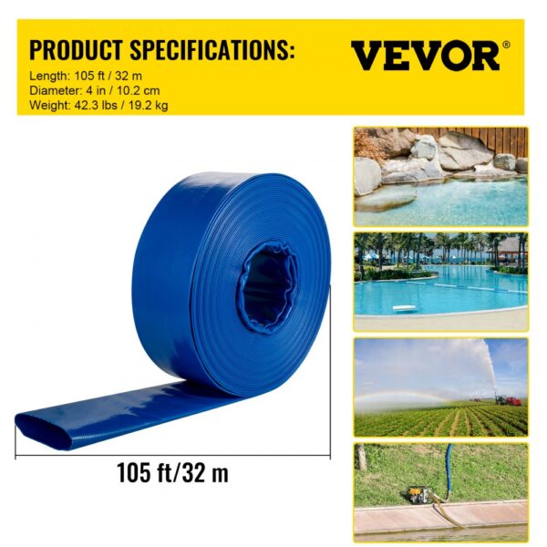 VEVOR discharge hose, 105 ft/32 m, blue, for pool and irrigation use.