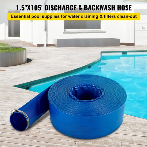 VEVOR discharge hose by a pool for water draining and filter clean-out.