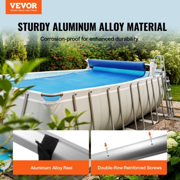 VEVOR pool cover reel on an above-ground pool with sturdy aluminum alloy material and double-row screws.