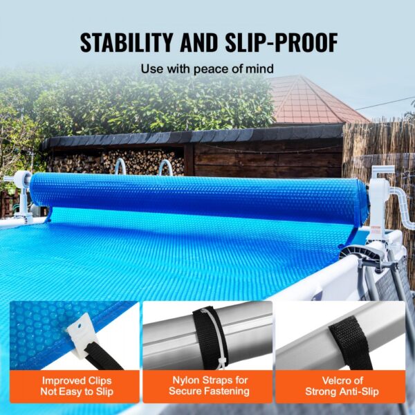 VEVOR pool cover reel features stability, nylon straps, and strong velcro for secure fastening.