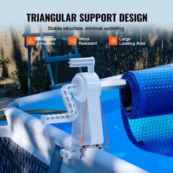 VEVOR pool cover reel with triangular support design attached to an above-ground pool showing stable structure.