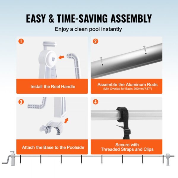 easy assembly guide for VEVOR pool cover reel: install handle, assemble rods, attach base, secure straps.