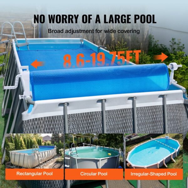 VEVOR pool cover reel showing wide adjustment for rectangular, circular, and irregular-shaped pools.