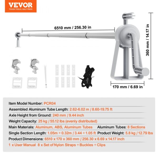 VEVOR pool cover reel dimensions and parts displayed; model pcr04, aluminum tube, nylon straps, and clips.