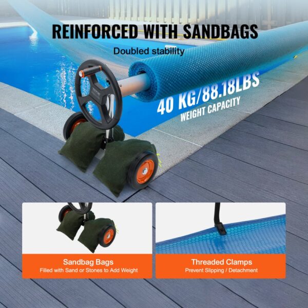 VEVOR pool cover reel reinforced with sandbags, 40kg weight capacity, featuring threaded clamps.