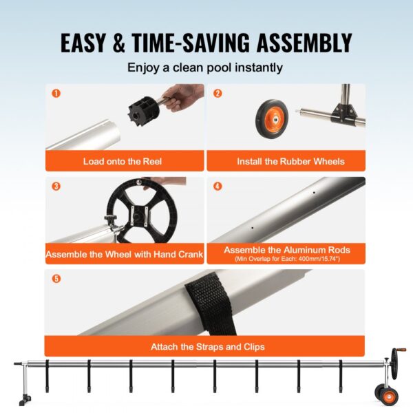 VEVOR pool cover reel assembly guide showing steps for reel, wheels, hand crank, rods, straps, and clips.