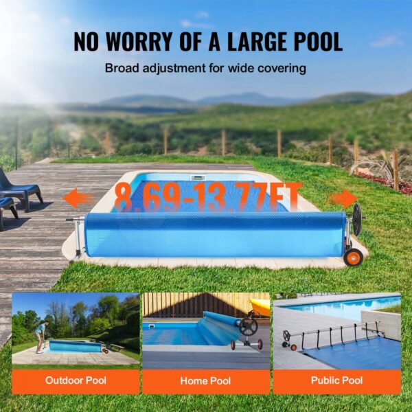 VEVOR pool cover reel showcasing broad adjustment from 8.69 to 13.77 feet for various pool sizes.